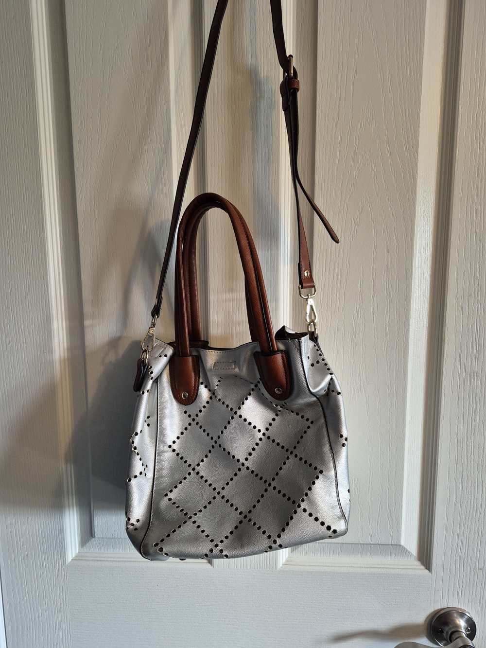Metallic Silver  Bag with Brown Handles and Adjustable Strap